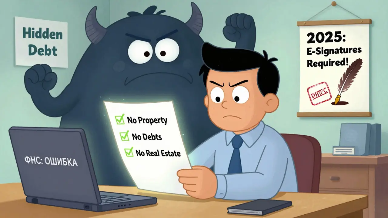 Бизнесмен проверяет три условия упрощённой ликвидации, пока скрытый долг подглядывает из-под стола.