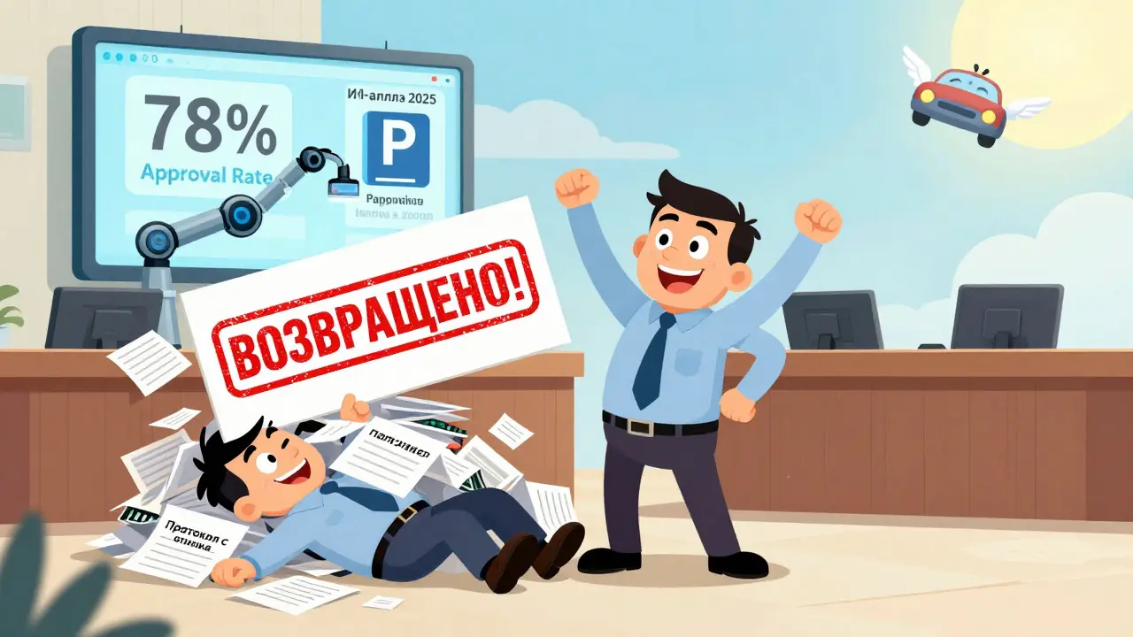 Водитель побеждает в суде, над ним огромная печать &#039;ВОЗВРАЩЕНО!&#039;, за ним робот анализирует нарушения.