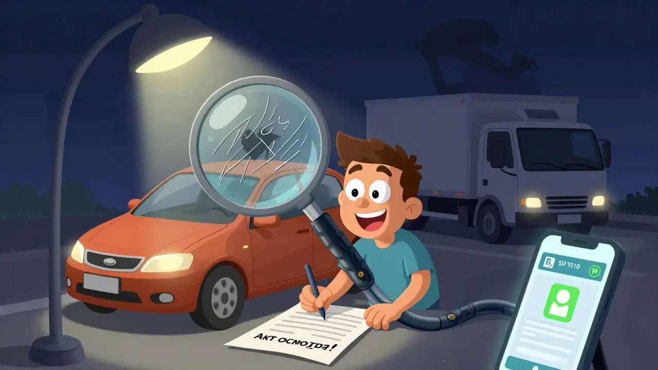 Водитель подписывает акт осмотра, на машине видны повреждения, в телефоне — скрин оплаты парковки.