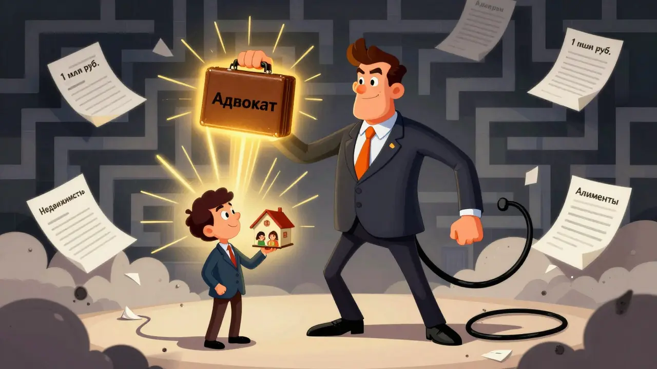 Адвокат в стиле резиновой анимации помогает клиенту с домом и семьей, а сложные дела исчезают.