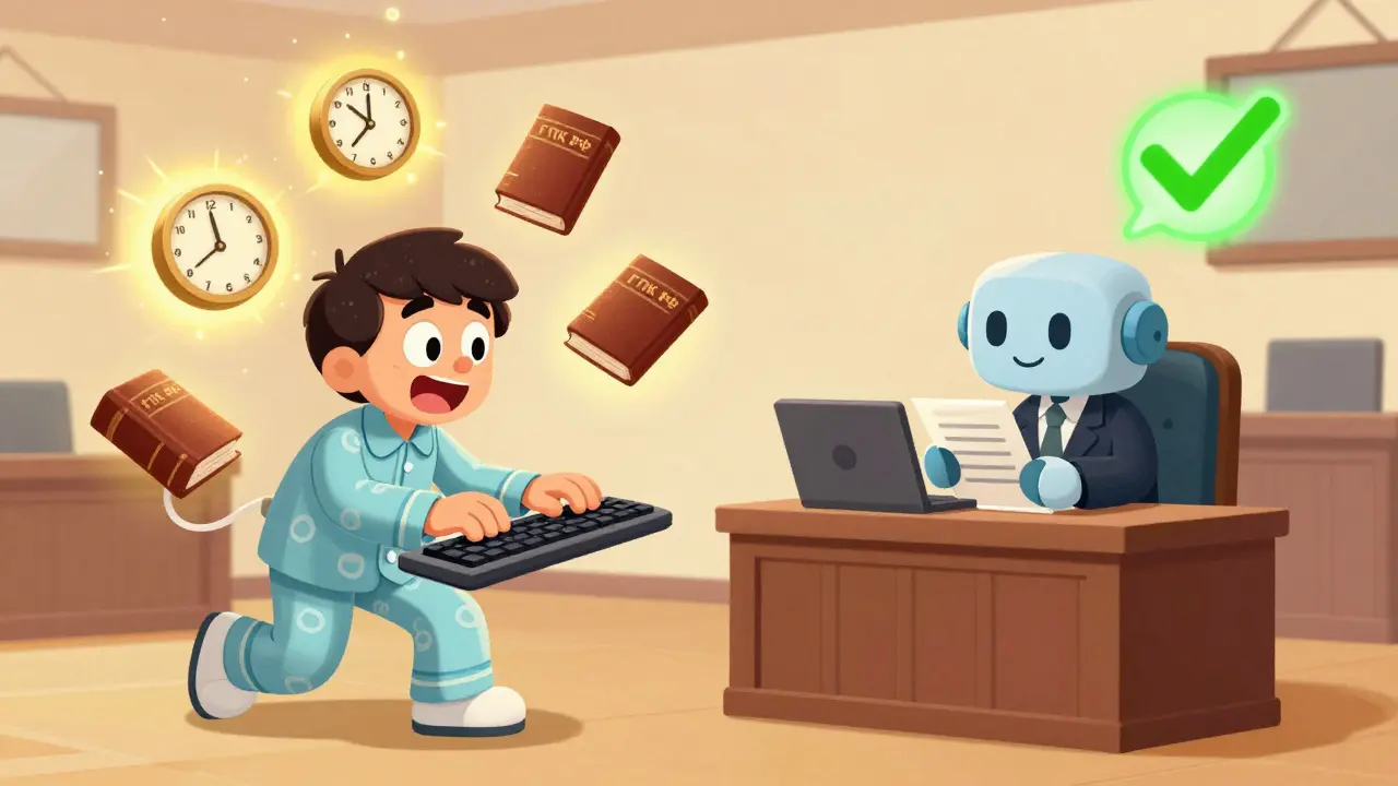 Два сценария: один — человек в пижаме паникует перед законом, другой — спокоен с юридическим роботом.