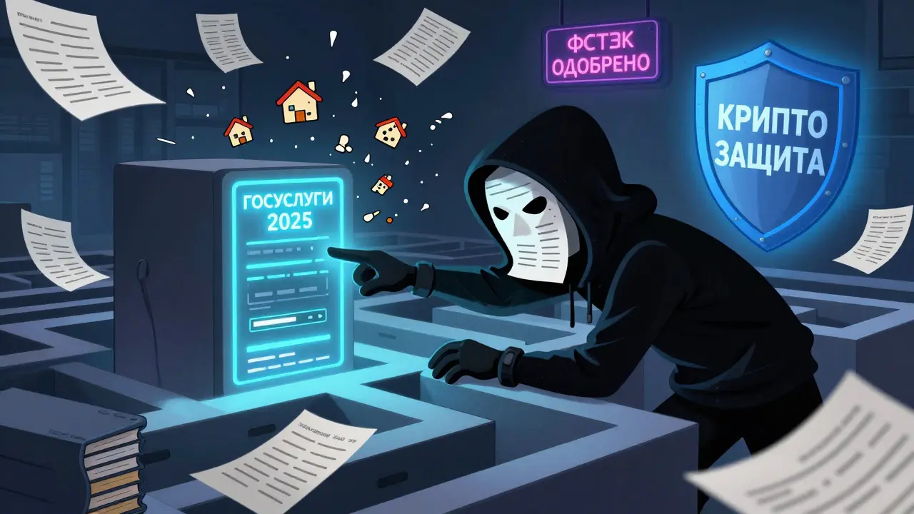 Хакер пытается взломать сервер Госуслуг, пока защищенный щит отражает угрозу.