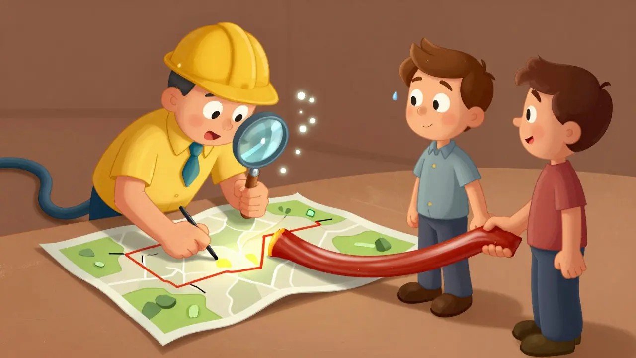 Кадастровый инженер с магнитом и GPS-точками уточняет границы участка между соседями.