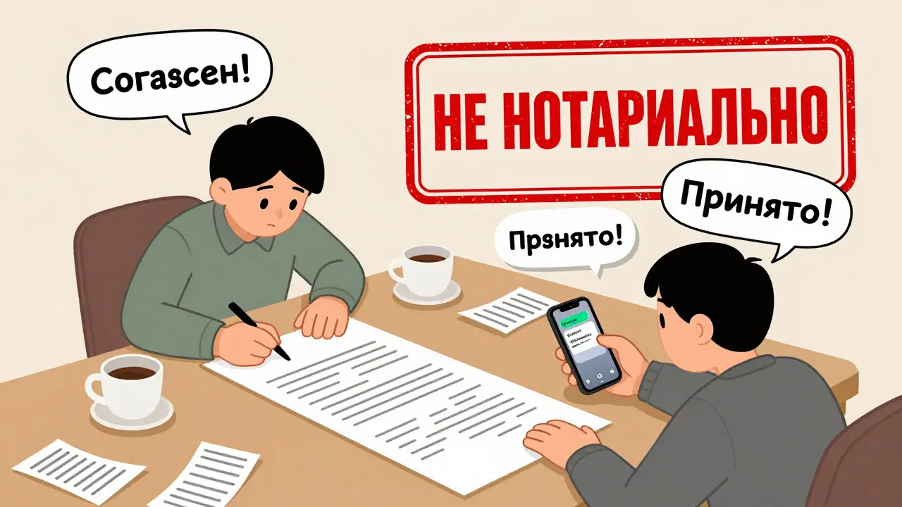 Люди подписывают договор на столе, на телефоне — переписка об аренде, над ними печать &#039;Не нотариально&#039;.