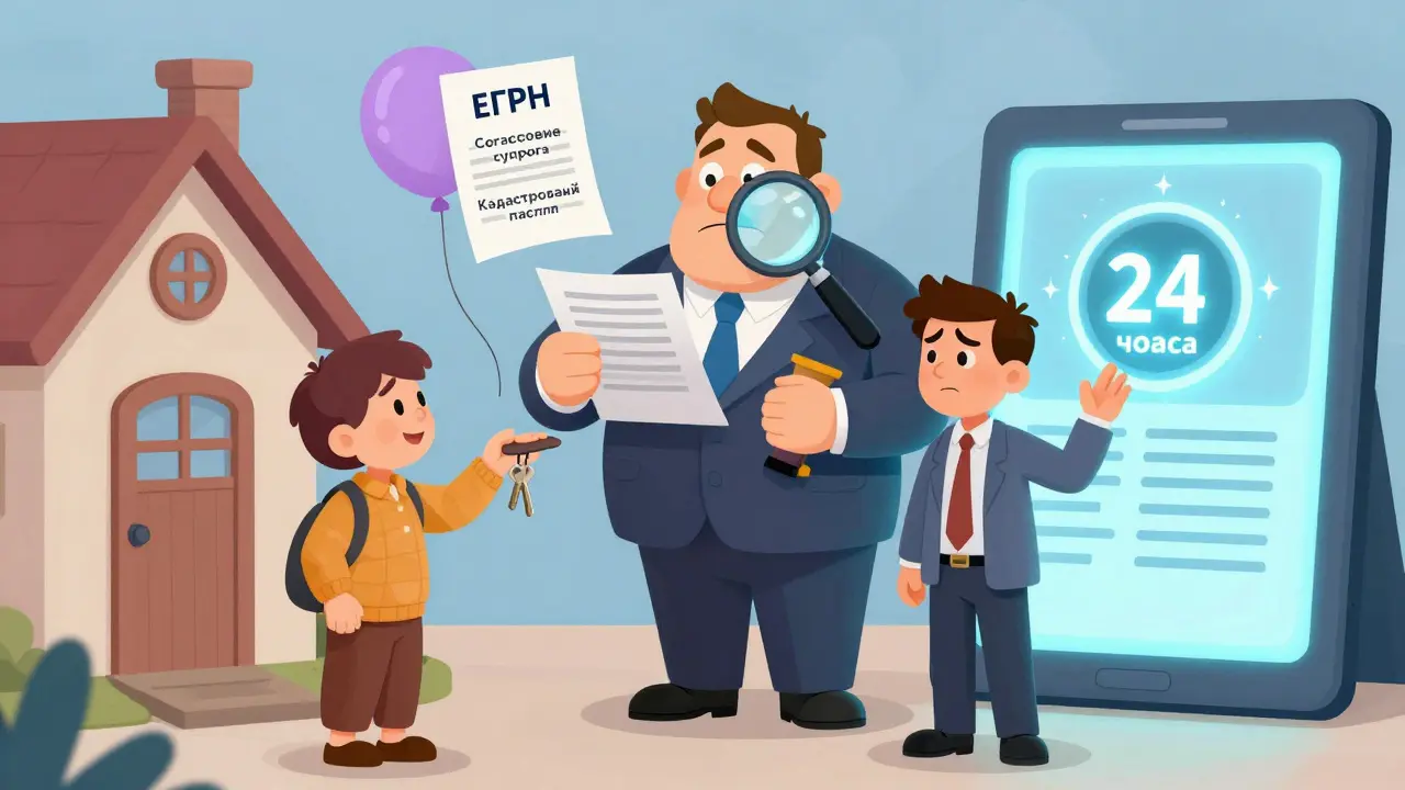 Нотариус проверяет документы на передачу ключей от дома, вокруг — плавающие бумаги и цифровая подпись.