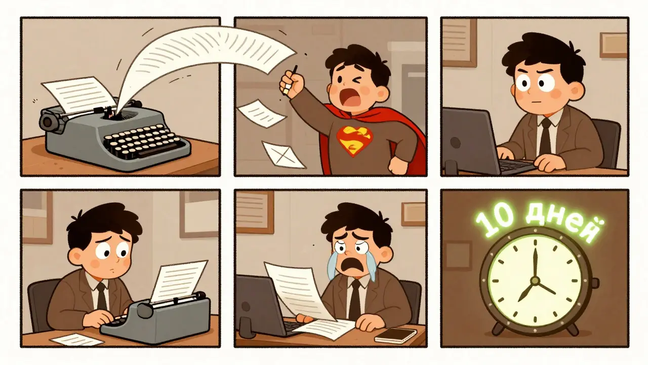 Человек пишет претензию, которая превращается в летящий документ, а на столе тикает часы с надписью &#039;10 дней&#039;.