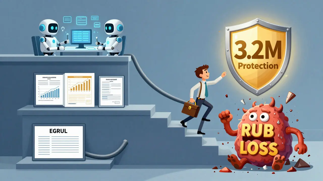 Человек поднимается по ступеням проверок к защите от финансовых рисков.