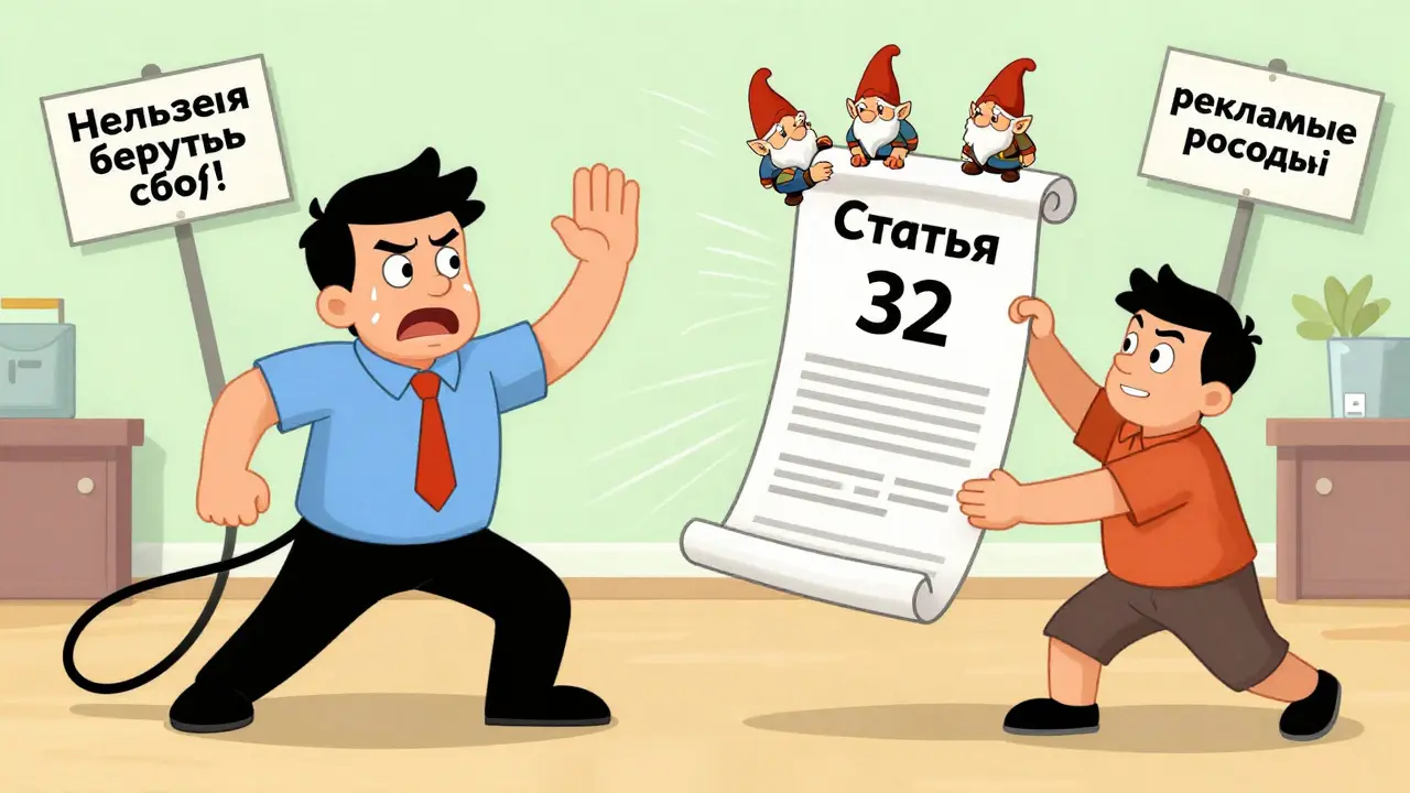 Клиент толкает менеджера юридическим свитком, а надписи с комиссиями падают