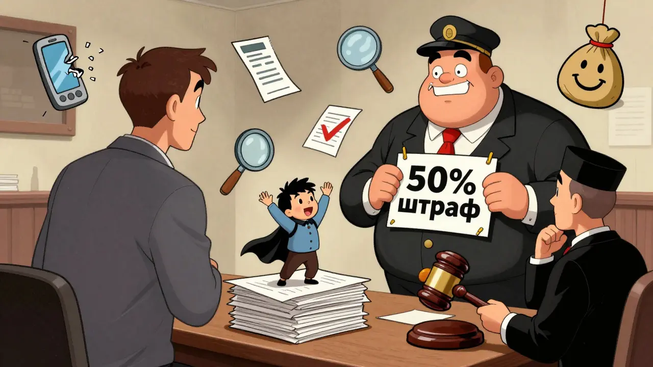 Покупатель в плаще побеждает в суде, а продавец носит табличку &#039;50% штраф&#039;, вокруг — символы доказательств.