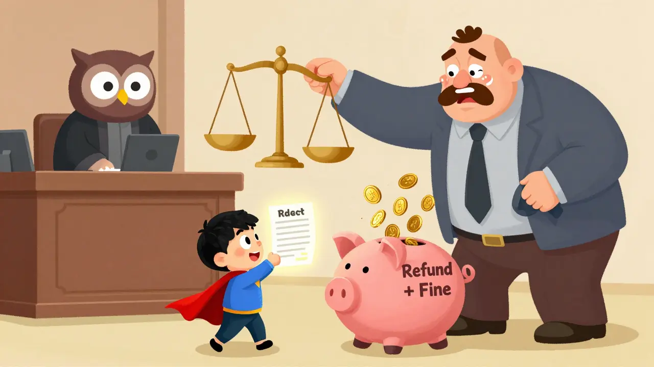 Потребитель в плаще побеждает в суде, продавец платит деньги в копилку, судья — сова.