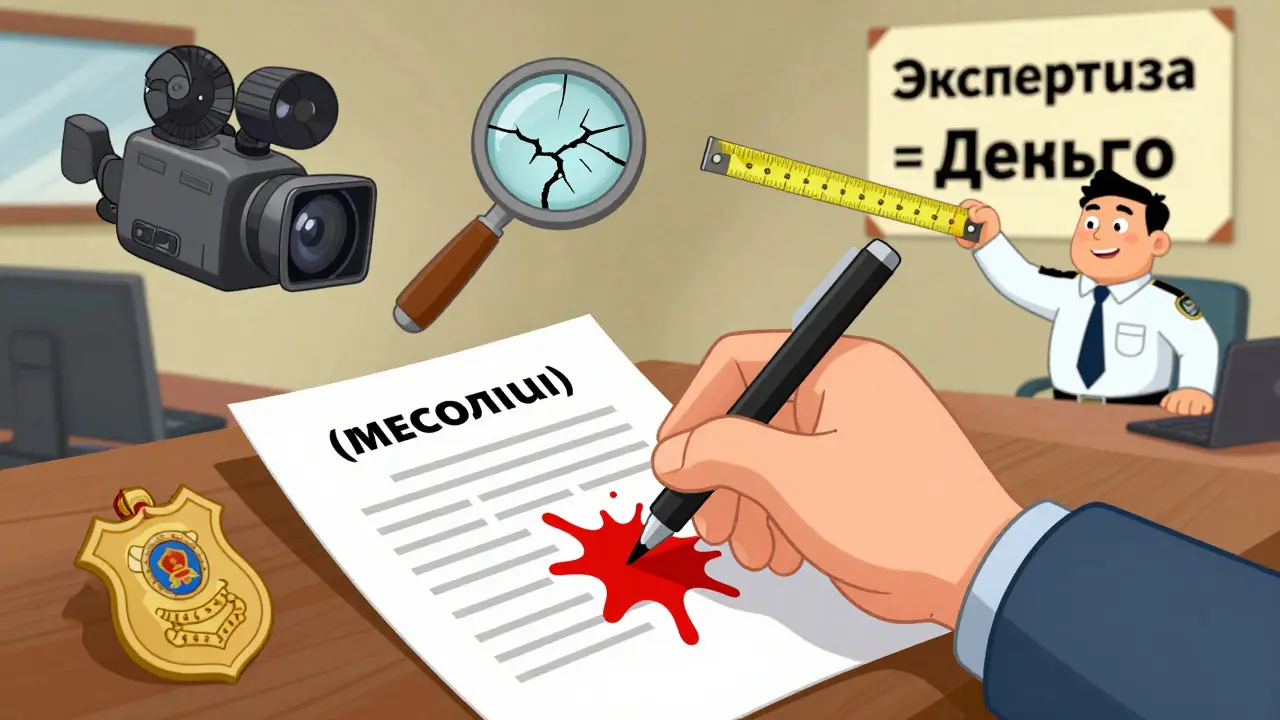 Рука подписывает бумагу, вокруг — видео, лупа, полицейский значок и эксперт с растягивающейся лентой.