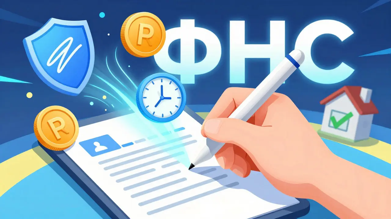 Рука подписывает электронный документ, вокруг — цифровые иконки, ноль рублей и часы.