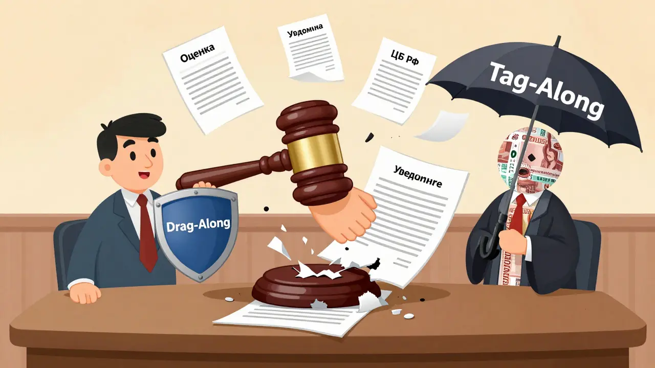 Судья разбивает гavel над спорным договором, а юристы держат щиты drag-along и tag-along.