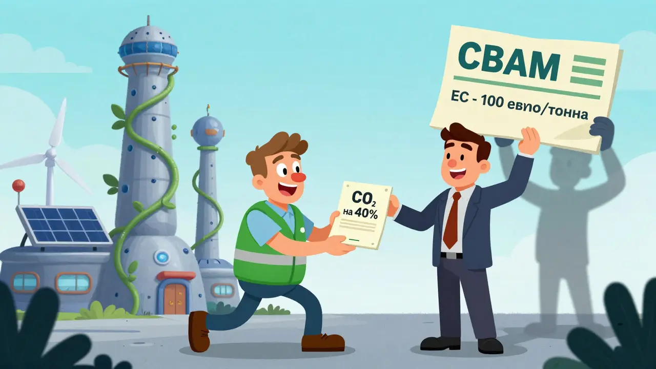 Завод будущего с зелёными технологиями, работник вручает сертификат снижения выбросов, на фоне — счёт за CBAM.