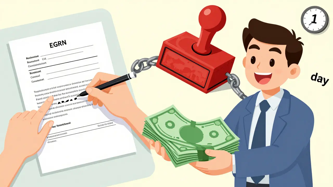 Человек передает деньги продавцу, пока за кадром подписывают важные документы.