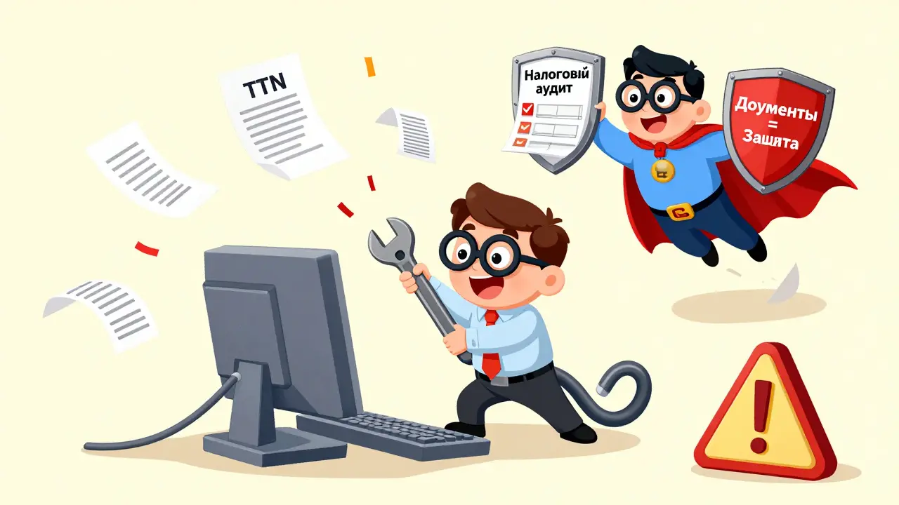 Маленький бизнесмен обновляет ожившую программу 1С, а документы летят как конфетти.