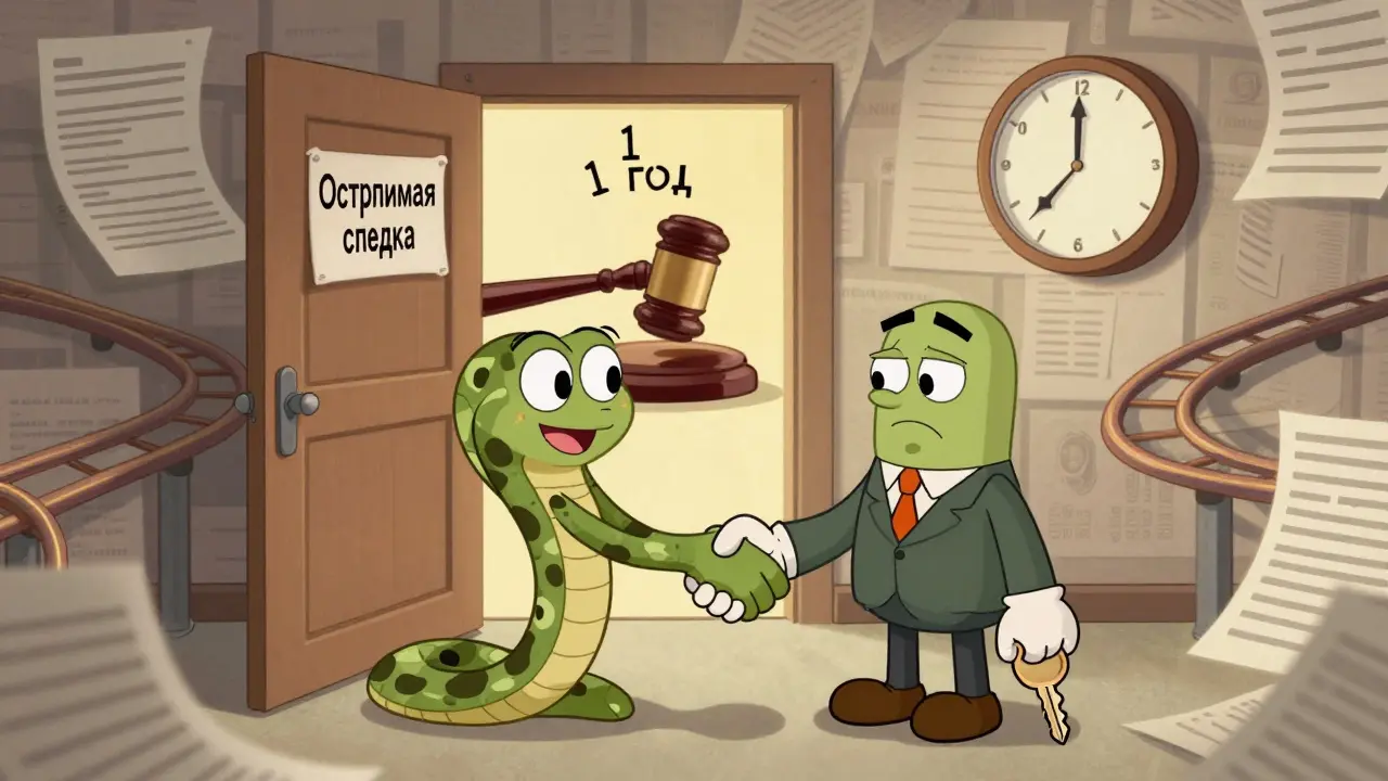 Два человека shaking hands: один с змеиным хвостом, за ними — часы с надписью &#039;1 год&#039; и дверь суда.
