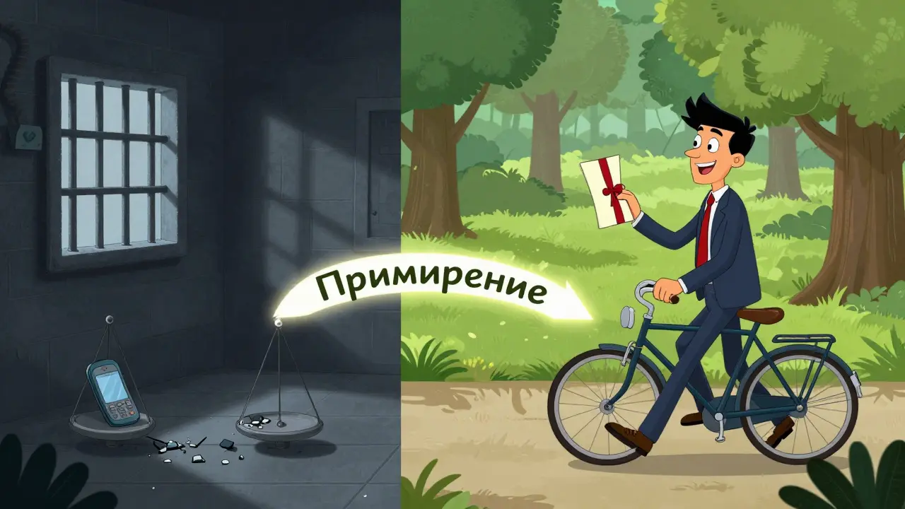 Два мира: тюрьма слева, свобода справа, соединённые путём примирения.