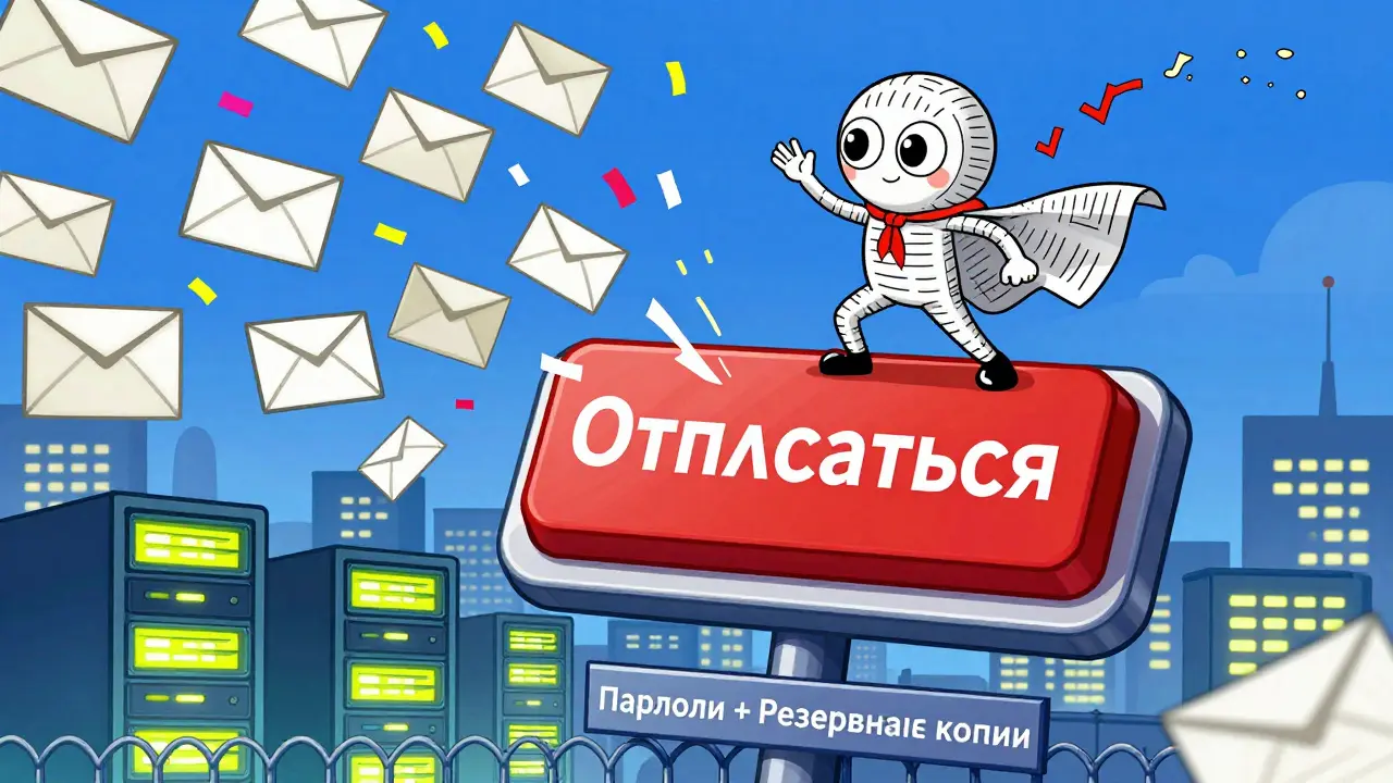Герой нажимает кнопку 'Отписаться', а серверы защищены паролями и резервными копиями.