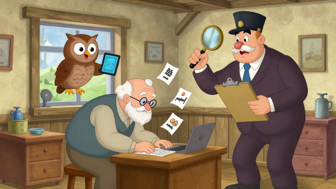 Пенсионерка с чеками на молоко, яйца и лекарства, рядом с оwl и планшетом.