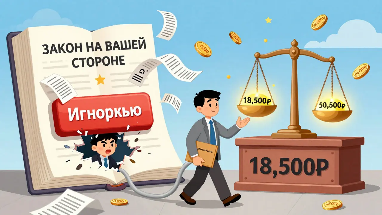 Потребитель идёт в суд, а интернет-магазин падает вниз, вокруг — документы и монеты с суммами компенсации.