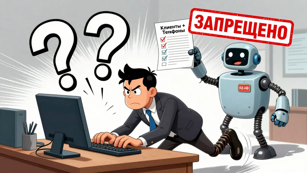 Рабочий смотрит на раздавленный список клиентов, над ним — красная печать 'ЗАПРЕЩЕНО'.