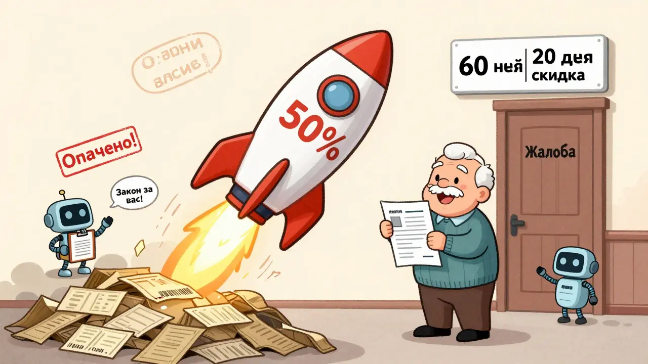 Ракета-скидка 50% взлетает от штрафов, пожилой мужчина подает жалобу, рядом надпись '20 дней скидка'.