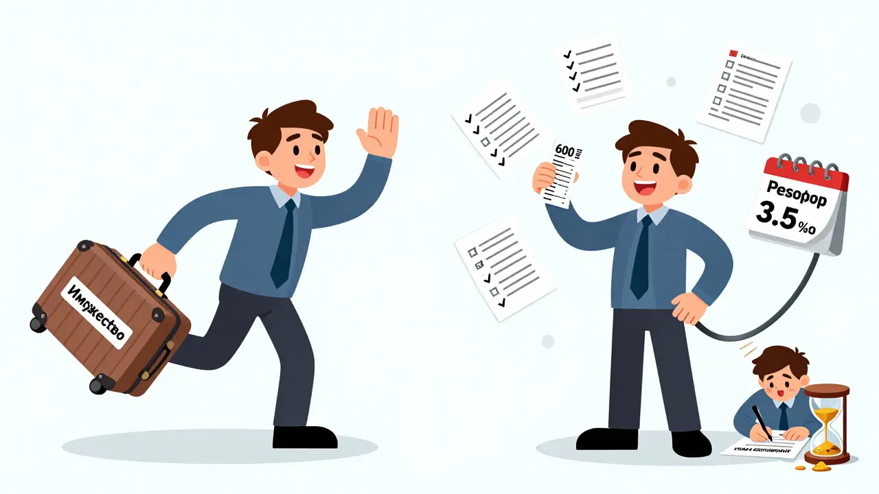 Разделённая сцена: один человек теряет имущество, другой радуется заочному разводу за 600 рублей в стиле резиновой анимации.