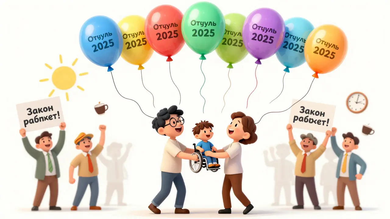 Родитель с ребёнком-инвалидом тянутся к 14 воздушным шарам с надписью 'Отгулы 2025', вокруг — поддерживающие коллеги.