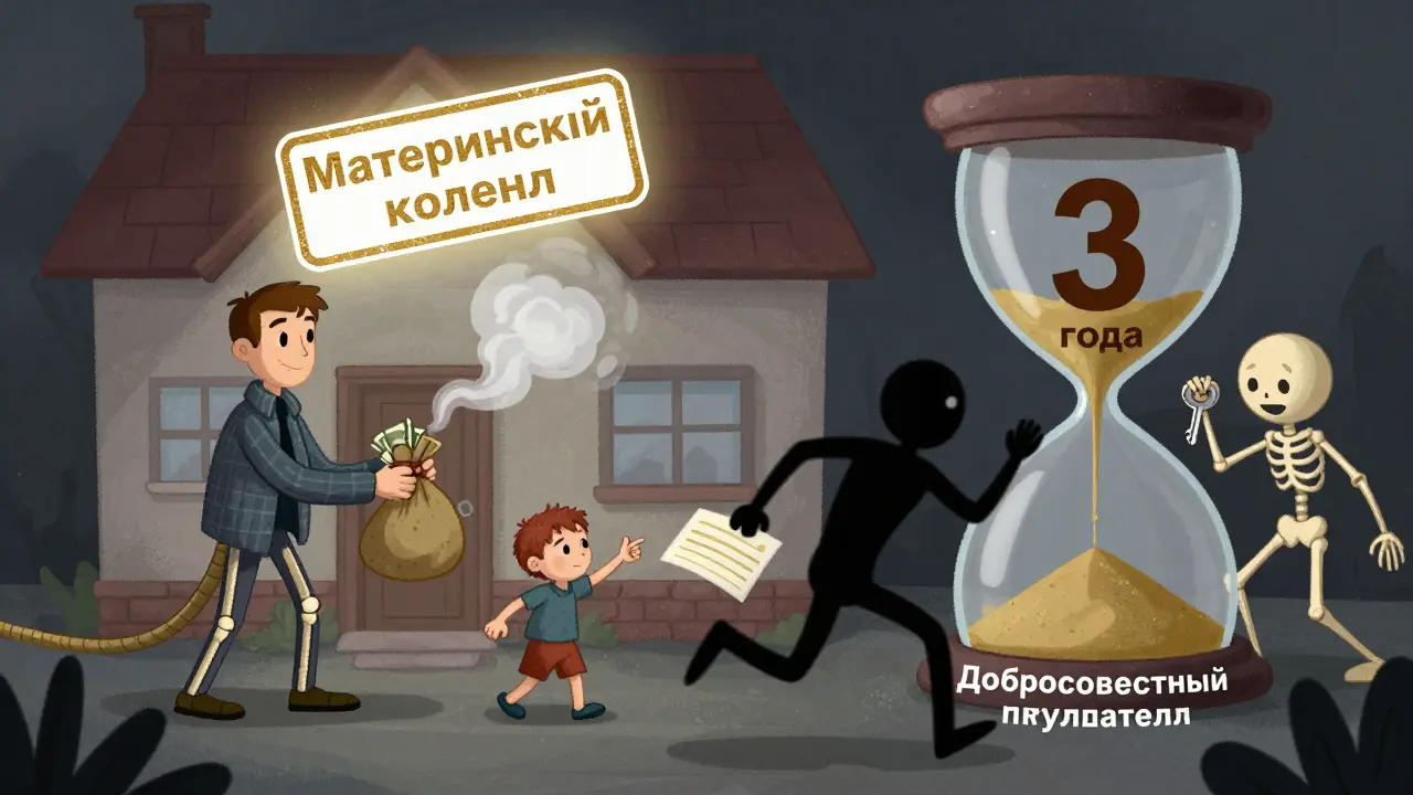 Семья перед домом-скелетом, над которым светится &#039;Материнский капитал&#039;, а кто-то убегает с документом.
