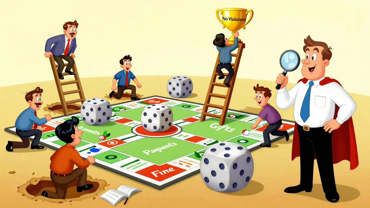 Сотрудники играют в настольную игру по комплаенсу: один скользит в штраф, другой поднимается к трофею.