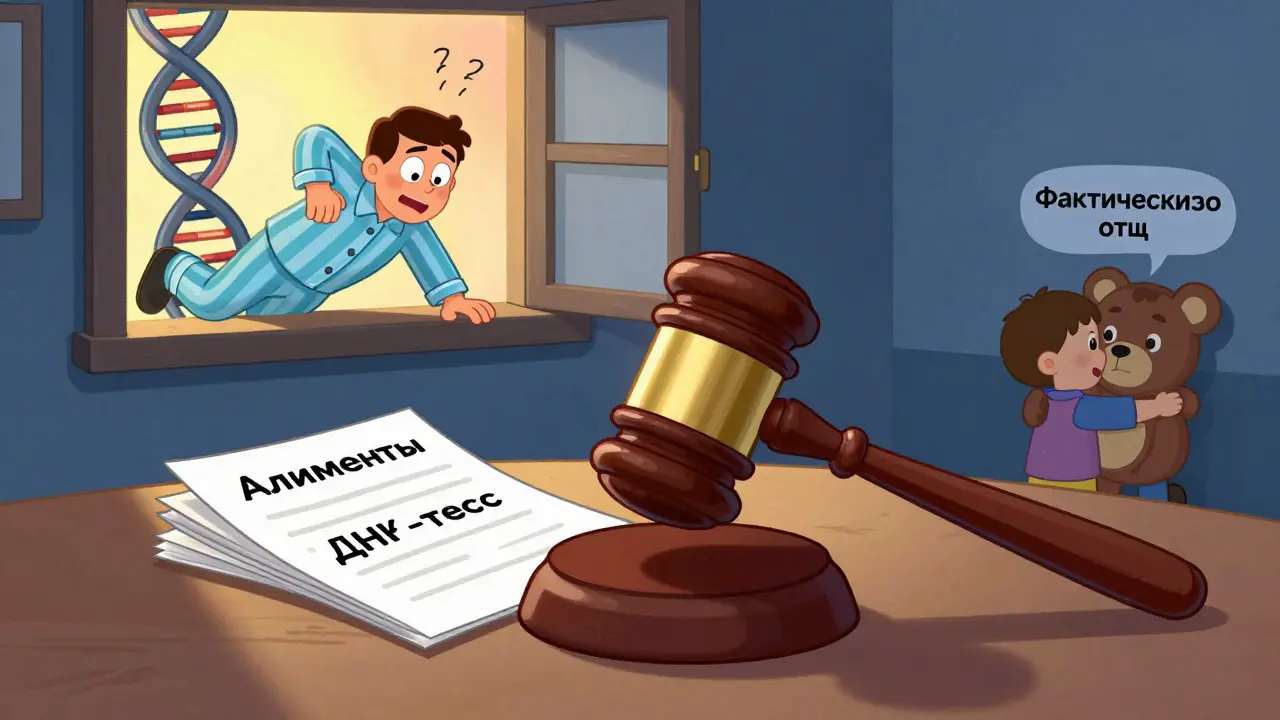 Судья бьёт молотком по бумагам, мужчина пытается сбежать через окно-спираль, ребёнок обнимает игрушку.