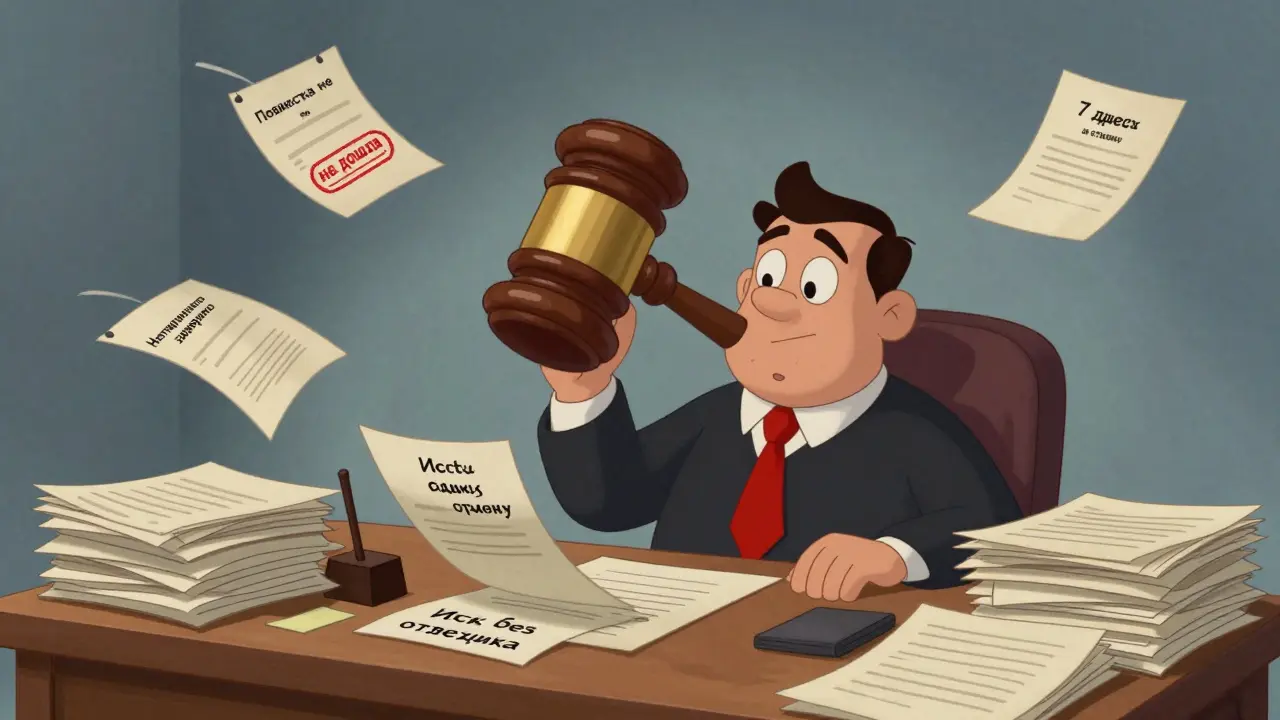 Судья с громадным молотком рассматривает три повестки с разными статусами в стиле резиновой анимации.