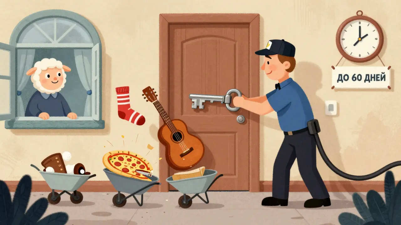 Судебный пристав выносит вещи квартиранта, а он смотрит из окна с виноватой улыбкой.