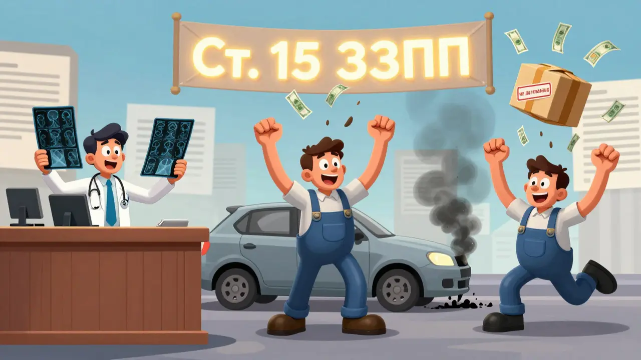 Три сцены в суде: врач, механик и доставка — все с потребителями, получающими компенсацию деньгами.