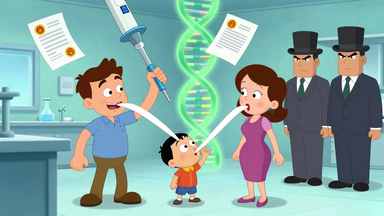 Трое людей с удлинёнными конечностями сдают ДНК-образцы в лаборатории, свидетели наблюдают.