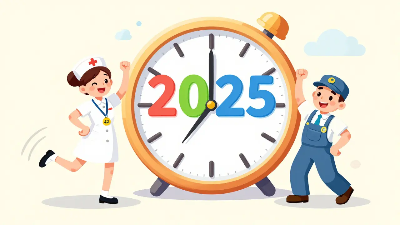 Учитель, медик и работник Севера с разными дополнительными отпусками танцуют вокруг большого календаря 2025 года.