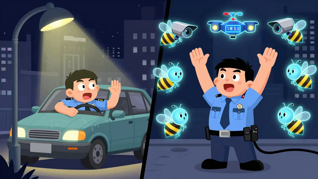 Водитель проверяет машину на повреждения, пока вокруг него появляются камеры и дроны, отслеживающие его действия.