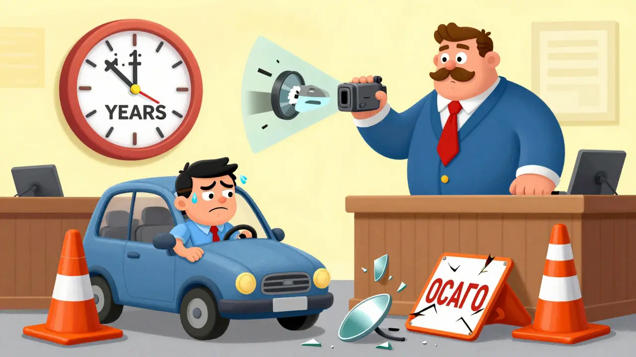 Водитель в суде смотрит на проигрыватель с записью столкновения, а над ним тикает таймер лишения прав.