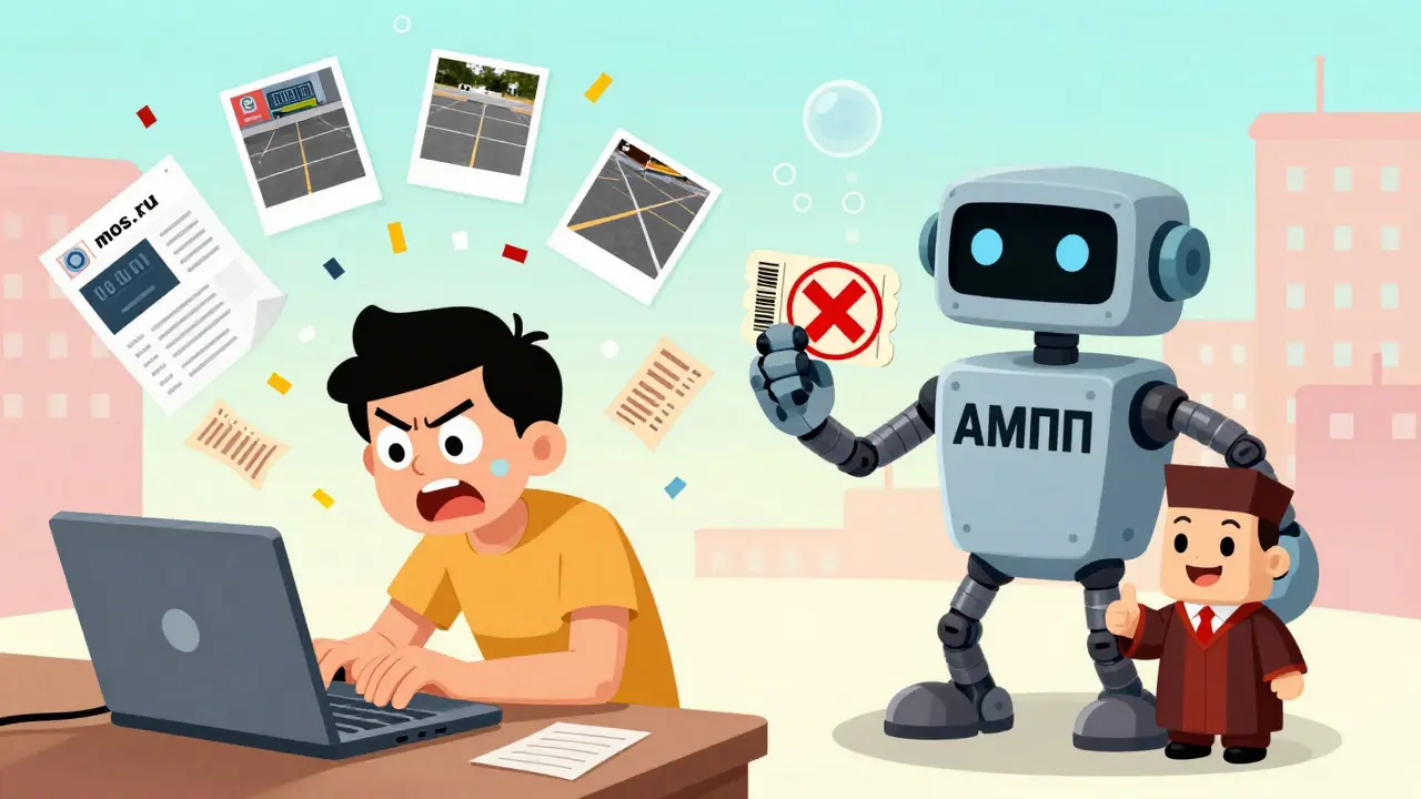 Человек подаёт жалобу через mos.ru, документы летят в воздух, робот АМПП отменяет штраф под одобрительным взглядом судьи.
