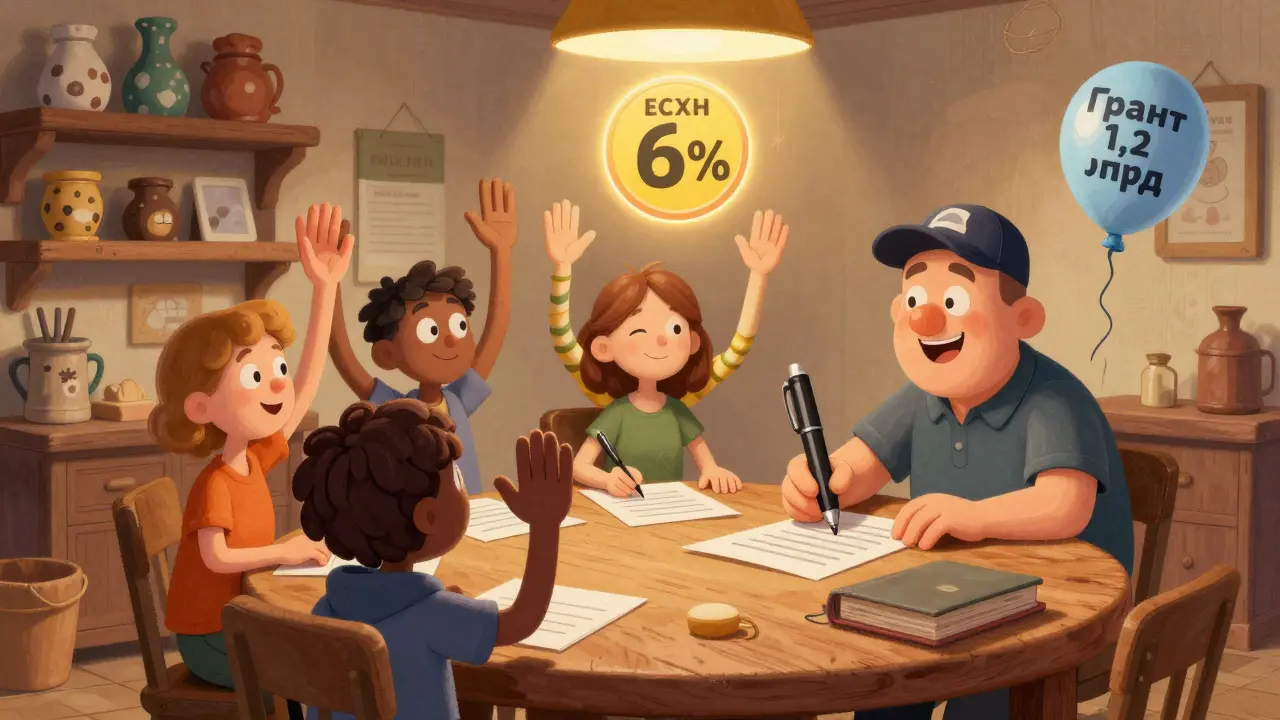 Члены кооператива голосуют на собрании, над ними светится значок 6% налога.