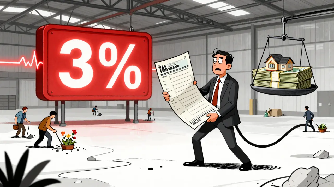 Деловой человек держит огромный штраф, рядом — пустой участок, где рабочие спешат убрать мусор.