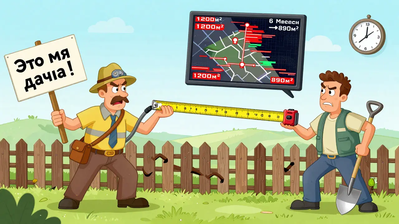 Кадастровый инженер измеряет спорную землю между двумя соседями с искажёнными границами.