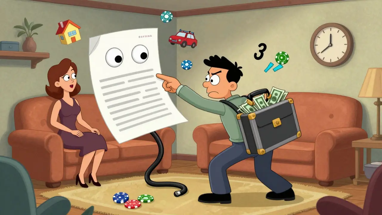 Мужчина прячет деньги, а женщина показывает на банковскую выписку.