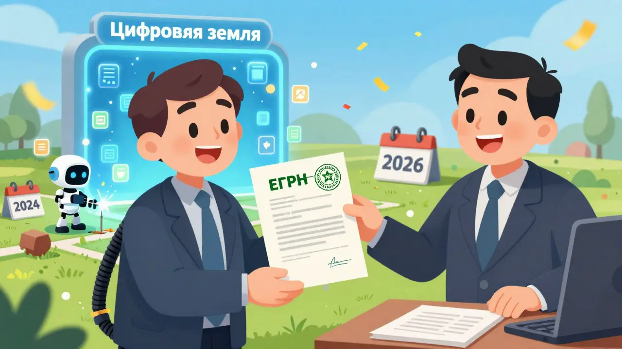 Наследник передаёт исправленную выписку нотариусу, а за ними светится цифровая карта земли.