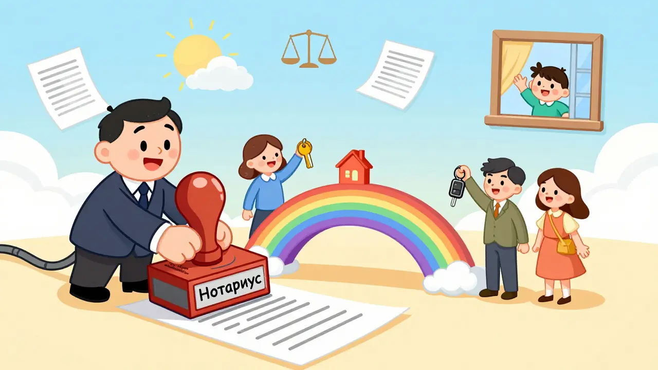 Нотариус печатает соглашение, превращающееся в радугу между бывшими супругами.