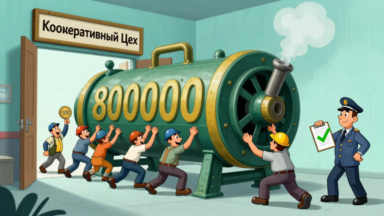 Работники толкают огромный станок, один держит маленькую монету как трофей.