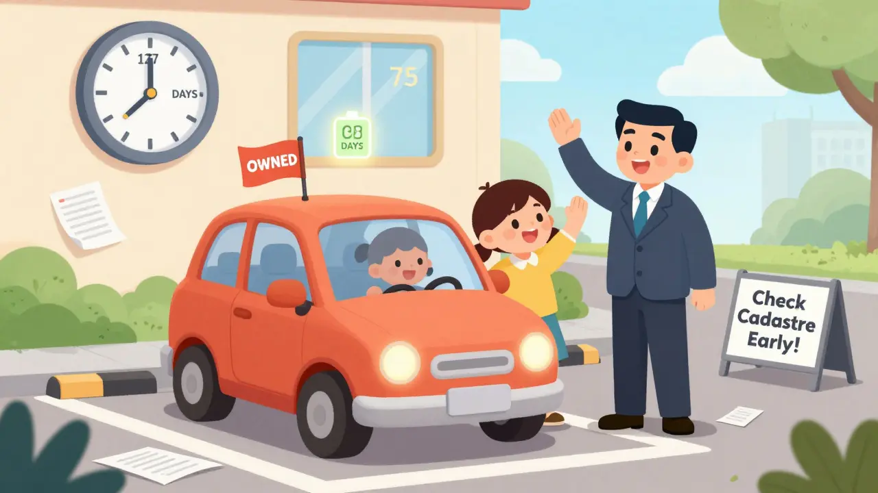 Семья паркует машину в зарегистрированном месте, рядом — юрист и табличка с сокращённым сроком суда.