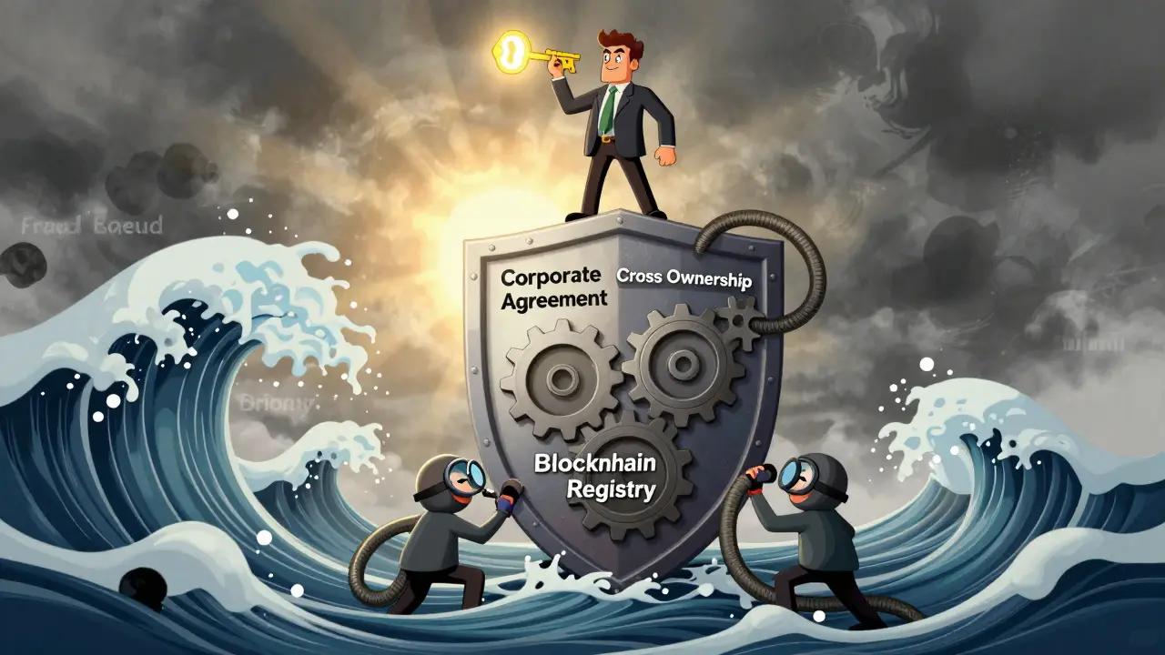 Щит защиты компании из корпоративного соглашения и блокчейна отражает атаку мошенников.