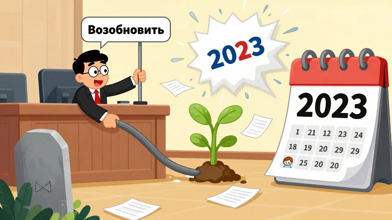 Судья включает возобновление: бумаги летят, растёт растение на могиле, компания восстанавливается, видеозвонки заменяют больницы.